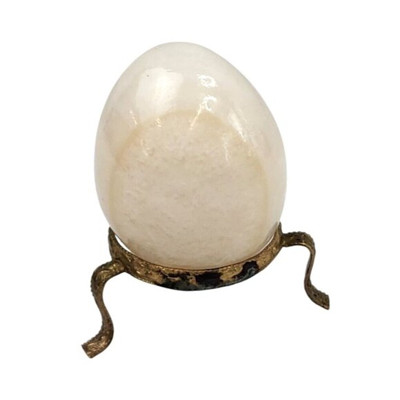 White Onyx Stone Egg With Vintage Gold-Tone Metal Stand Victorian Decor Vintage - Picture 1 of 12
